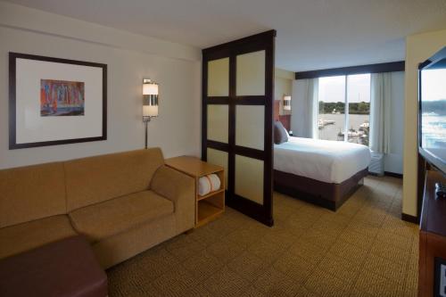 Habitación con cama grande, sofá cama y ducha accesible en silla de ruedas - Adaptada para personas con discapacidad del hotel Hyatt Place Long Island East End. Foto 3