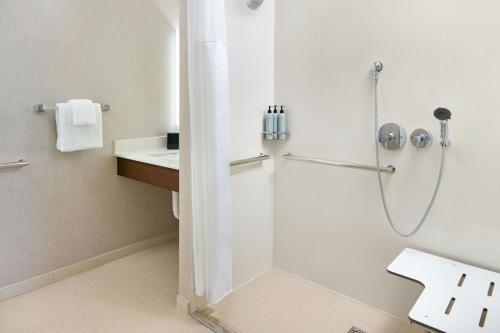 Suite de 1 dormitorio adaptada para personas con movilidad reducida y discapacidad auditiva con ducha accesible en silla de ruedas y sofá cama - Cama grande del hotel Residence Inn Long Island Hauppauge/Islandia. Foto 4