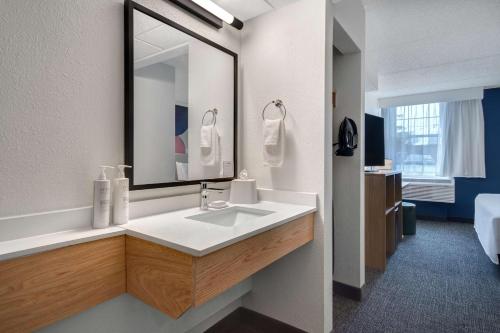 Habitación con cama extragrande y bañera adaptada para personas con movilidad reducida del hotel Spark by Hilton Rochester University Area. Foto 1
