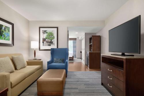 Suite Junior con cama extragrande y zona de estar del hotel Hilton Garden Inn Stony Brook. Foto 3