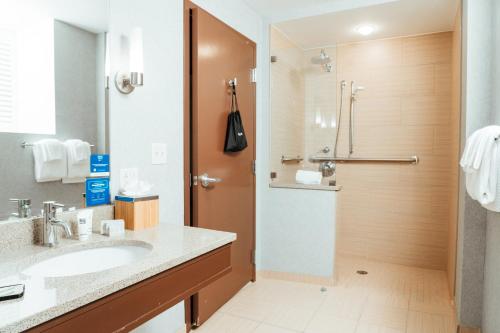 Habitación con ducha accesible en silla de ruedas - 1 cama grande - Adaptada para personas con movilidad reducida y discapacidad auditiva del hotel Skyler Syracuse Tapestry Collection By Hilton. Foto 3
