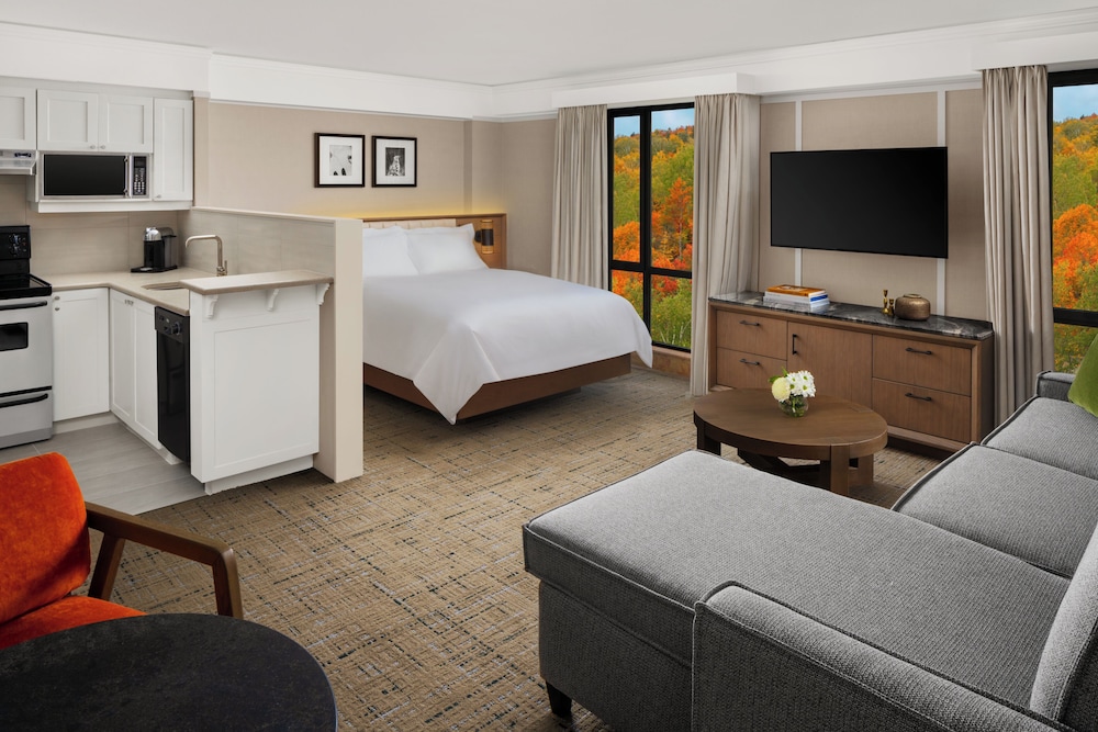 STUDIO SUITE Queen - 394sf, 36sm, Cocina, Zona de estar con sofá cama del hotel Fairmont Tremblant