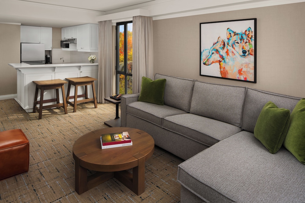 RESIDENCE ONE BEDROOM Queen - 530sf, 49sm, Vistas al pueblo, Salón con sofá cama del hotel Fairmont Tremblant