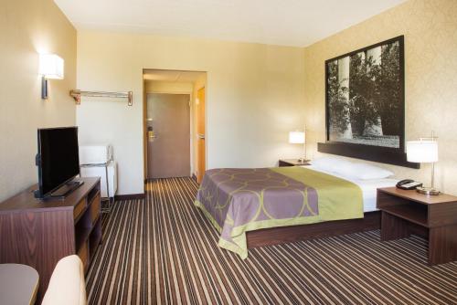 Habitación con 1 cama grande y zona de cocina del hotel Super 8 By Wyndham Plattsburgh