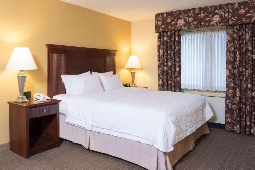 Habitación con cama extragrande y ducha del hotel Hampton Inn Schenectady Downtown. Foto 4