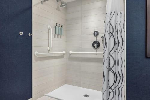 Suite de 1 dormitorio adaptada para personas con movilidad reducida y discapacidad auditiva con ducha accesible en silla de ruedas y sofá cama - Cama del hotel Residence Inn New York The Bronx at Metro Center Atrium. Foto 3