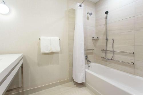 Habitación con cama extragrande y bañera adaptada para personas con movilidad reducida del hotel Hilton Garden Inn Rochester University. Foto 5