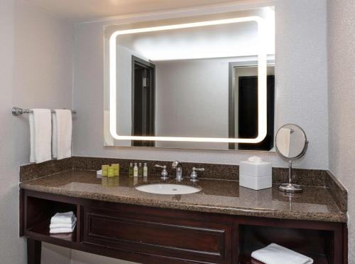 Suite Junior con cama extragrande y zona de estar del hotel DoubleTree Newark Penn Station. Foto 1