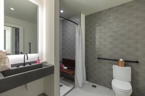 Habitación adaptada para personas con movilidad reducida con ducha accesible en silla de ruedas - 1 cama extragrande del hotel Moxy NYC Downtown. Foto 7