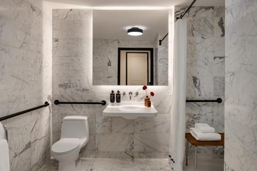 Habitación Deluxe adaptada para personas con movilidad reducida y discapacidad auditiva con cama extragrande y ducha accesible en silla de ruedas del hotel The Chemists’ Club. Foto 3