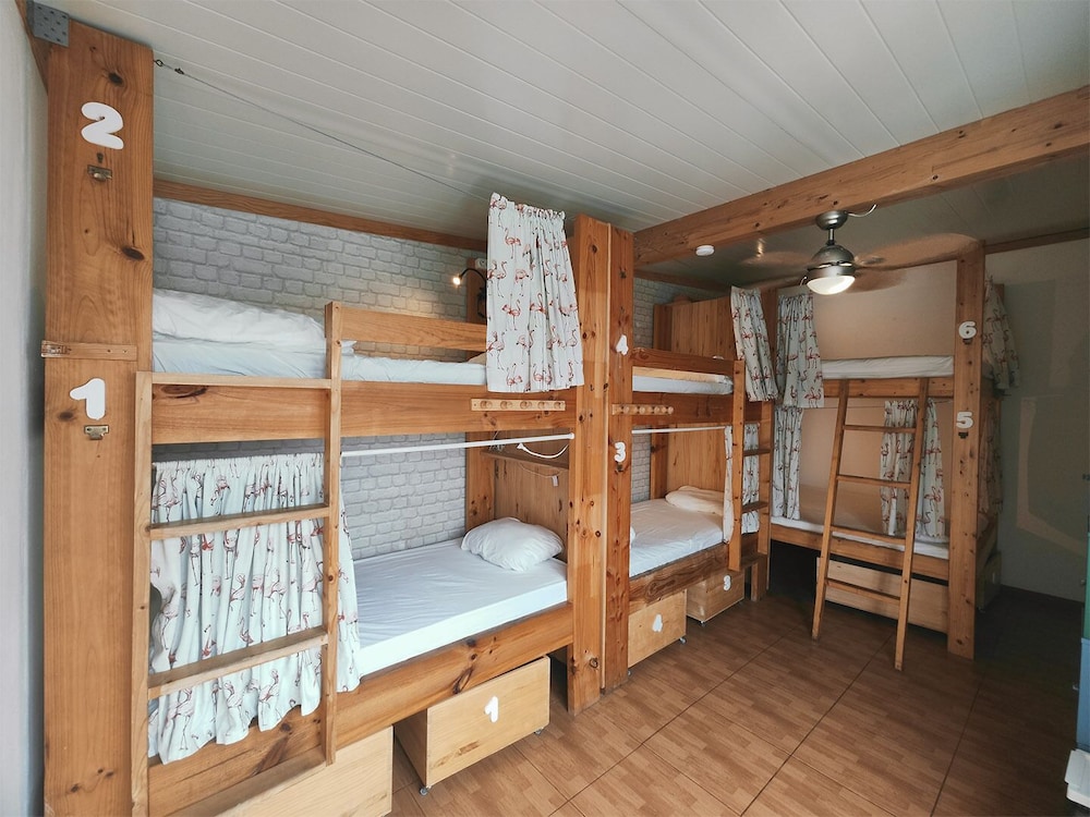 Dormitorio femenino 6 camas, baño compartido del hotel La Ventana Azul Surf