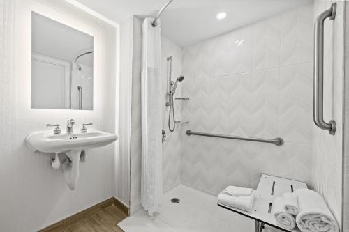 Habitación adaptada para personas con discapacidad/discapacidad auditiva y equipada con ducha accesible en silla de ruedas - 2 camas grandes del hotel DoubleTree by Hilton New York JFK Airport. Foto 21